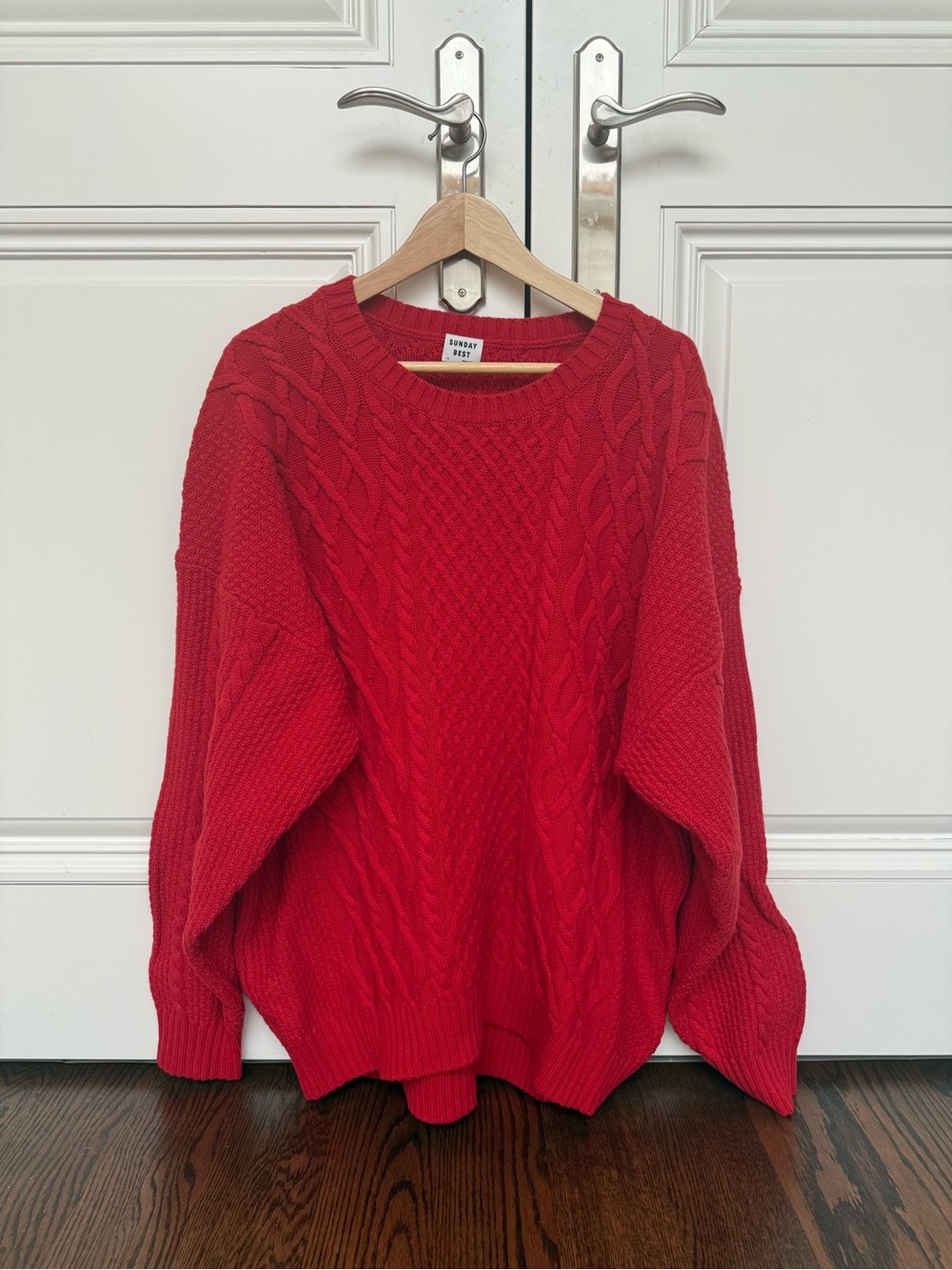 New Sunday Best Red Cable Knit Sweater Cozy Crewneck